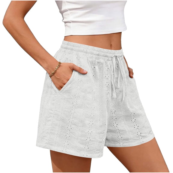 Fnooota Womens Bermuda Shorts, Elastic Waist Casual Loose Fit Drawstring Summer Shorts White Size S-2XL