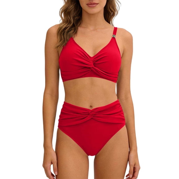 Fnooota Womens Bikini Swimsuits, High-waisted Two Piece Vacation Summer Swimsuit Tops and Swimsuit Bottoms Red Size L