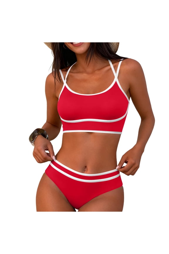 Womens Bikini Swimsuits, Vacation Beach Two Piece High-waisted Bathing Suits Red Size L