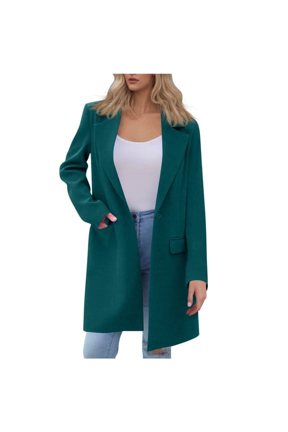 Womens Blazer Jackets, Lapel Collar Casual Open Front Mid-length Work Business Blazers Green Size L