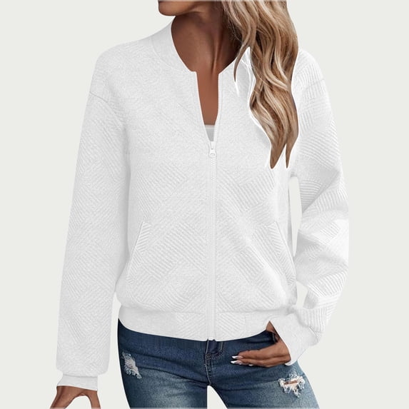 Fnooota Womens Bomber Jackets, Casual Spring Fall Long Sleeve Zip up Outerwear with Pockets White Size 2XL
