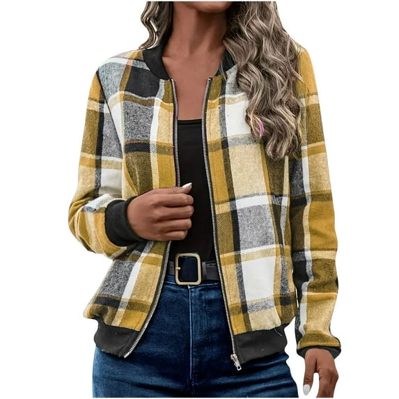 Fnooota Womens Bomber Jackets, Casual Zip up Plaid Lightweight Crew Neck Fall Outerwear Yellow Size M