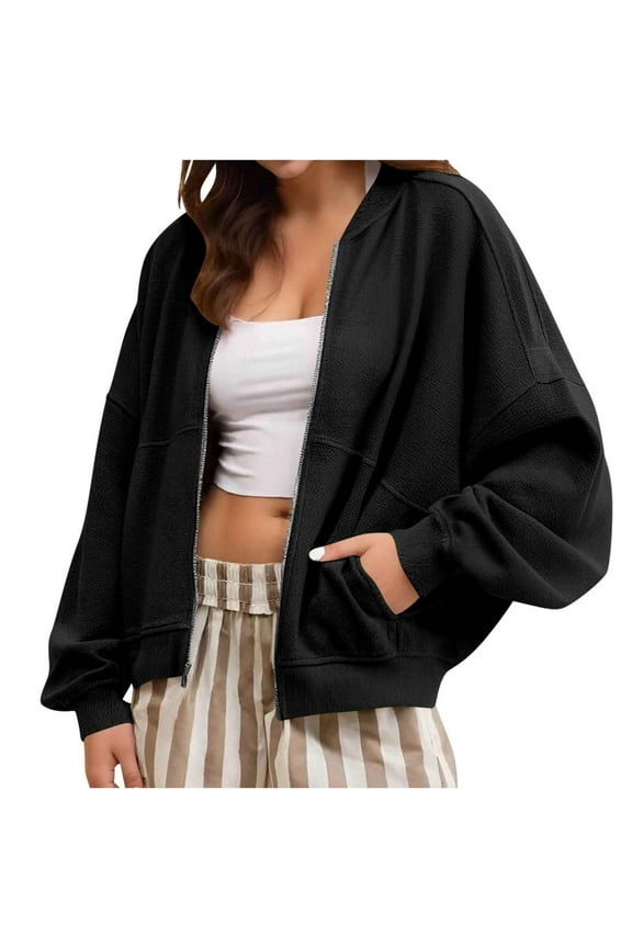 Womens Bomber Jackets, Crew Neck Fall Loose Fit Zip up Outerwear with Pockets Black Size XL