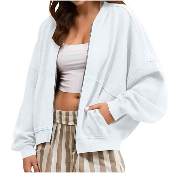 Fnooota Womens Bomber Jackets, Crew Neck Loose Fit Fall Zip up Outerwear with Pockets White Size 2XL