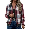 thumbnail image 1 of Fnooota Womens Bomber Jackets, Lightweight Zip up Casual Plaid Crew Neck Fall Outerwear Wine Size S-2XL, 1 of 7