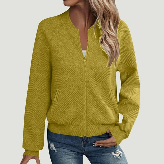 Fnooota Womens Bomber Jackets, Spring Fall Casual Long Sleeve Zip up Outerwear with Pockets Yellow Size XL
