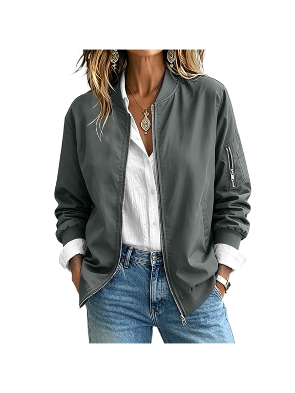 Womens Bomber Jackets, Zip up Lightweight Casual Long Sleeve Fall Outerwear Gray Size 2XL