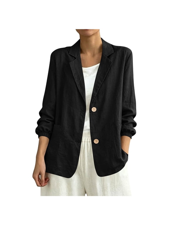 Womens Business Blazers, Cotton-linen Blend Open Front Lapel Long Sleeve Suit Jackets Black Size 2XL