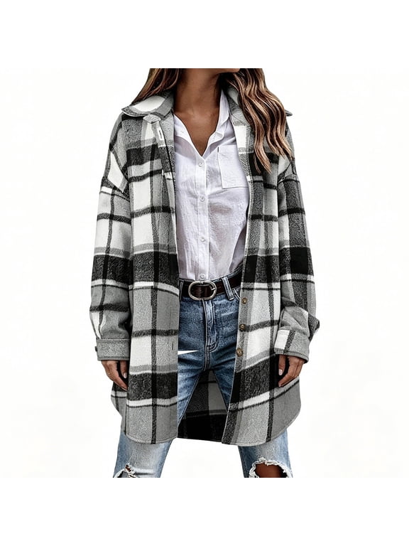Womens Button Down Shirts, Mid-length Long Sleeve Wool Blend Plaid Shacket Jackets Gray Size XL