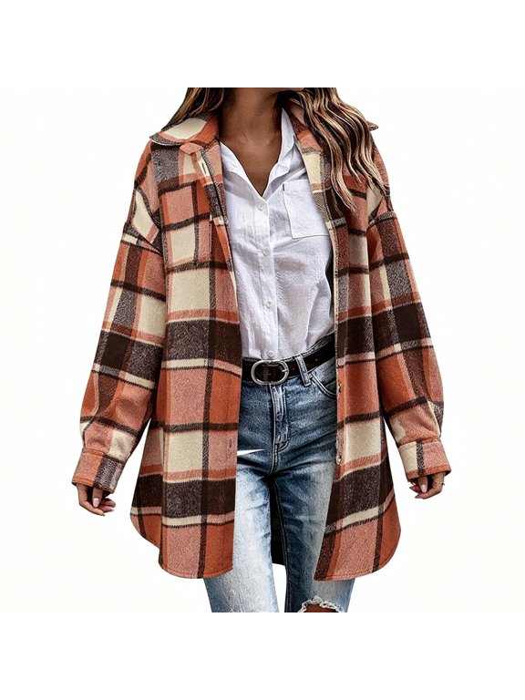 Womens Button Down Shirts, Mid-length Wool Blend Plaid Long Sleeve Shacket Jackets Orange Size XL