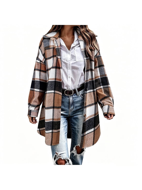 Womens Button Down Shirts, Plaid Wool Blend Mid-length Long Sleeve Shacket Jackets Khaki Size 2XL