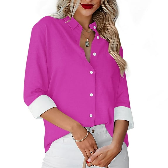 Fnooota Womens Button Down Shirts, Solid Color Casual Long Sleeve Fall Tops Hot Pink Size L
