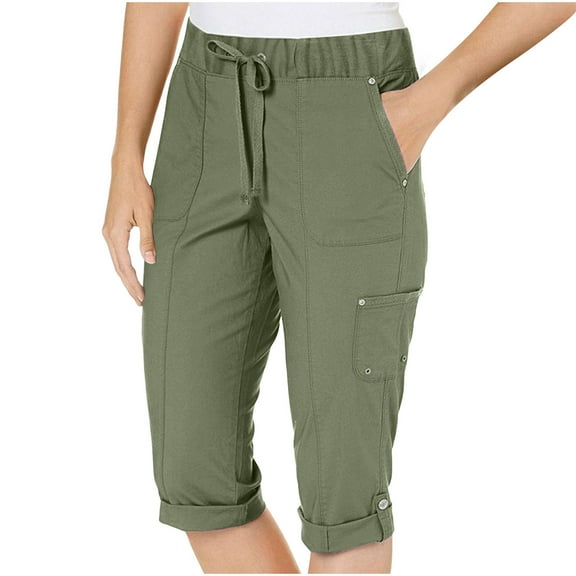 Fnooota Womens Capris with Pockets, Drawstring Elastic Waist Athletic Summer Capri Pants Army Green Size XL