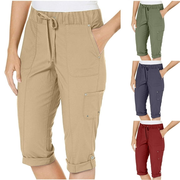 Fnooota Womens Capris with Pockets, Drawstring Elastic Waist Summer Athletic Capri Pants Beige Size S-2XL