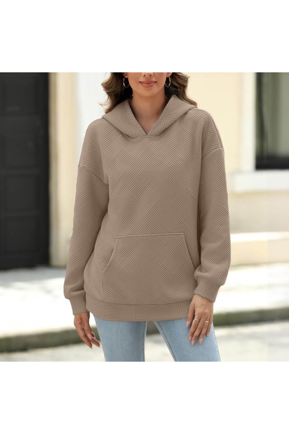 Womens Casual Hoodies, Long Sleeve Pullover Pockets Spring Fall Blouses Khaki Size M