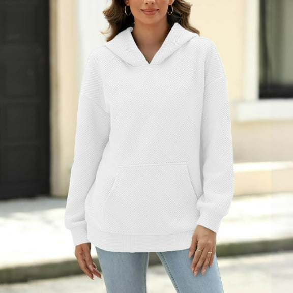 Fnooota Womens Casual Hoodies, Pullover Long Sleeve Pockets Spring Fall Blouses White Size M