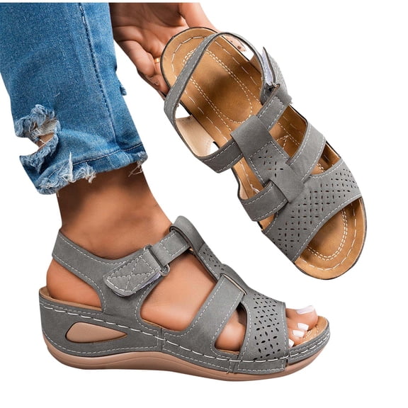 Fnooota Womens Comfort Sandals, Ankle Strap Open Toe Non-slip Fashion Summer Shoes Gray Size 5.5
