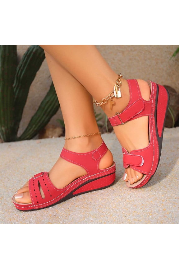 Womens Comfort Sandals, Buckle Summer Vacation Open Toe Wedge Sandals Red Size 8.5