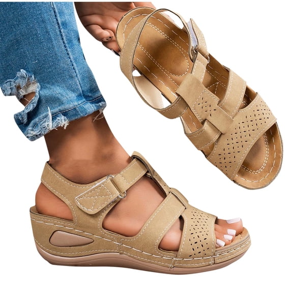 Fnooota Womens Comfort Sandals, Open Toe Ankle Strap Non-slip Fashion Summer Shoes Brown Size 5.5