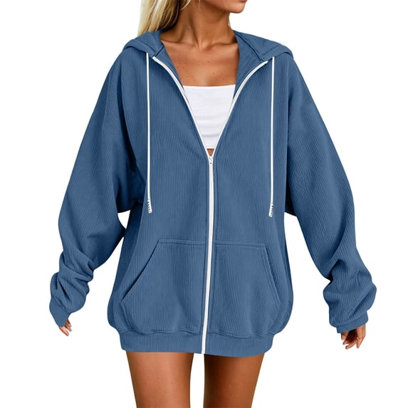 Fnooota Womens Corduroy Hoodies, Zip up Casual Long Sleeve Drawstring Fall Jackets Navy Size XL