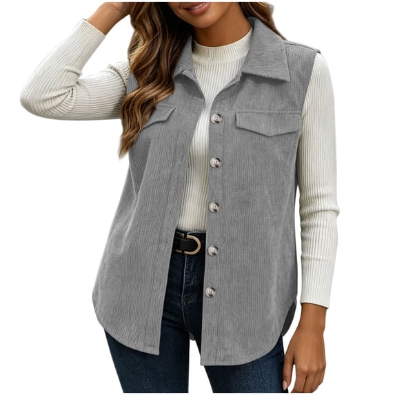 Fnooota Womens Corduroy Vests, Lapel Collar Spring Fall Sleeveless Front Buttons Outerwear with Pockets Gray Size 1XL