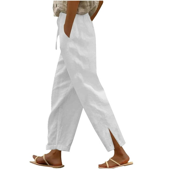 Fnooota Womens Cotton Linen Pants, Casual Drawstring Loose Elastic Waist Relaxed Fit Pants White Size M