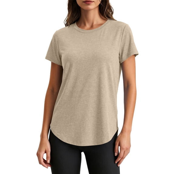 Fnooota Womens Cotton T-shirts, Open Back Workout Short Sleeve Summer Athletic Tops Beige Size 3XL