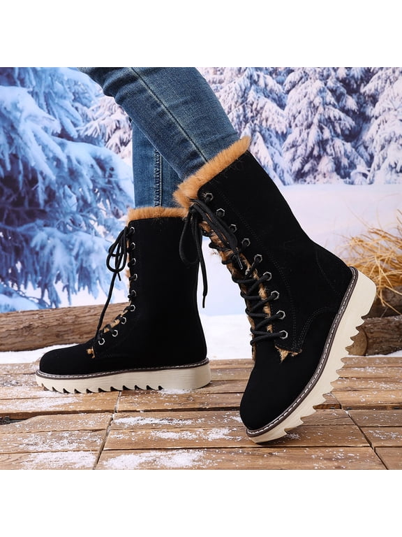 Womens Cozy Boots, Hiking Lace up Warm Mid Calf Winter Snow Boots Black Size 8.5