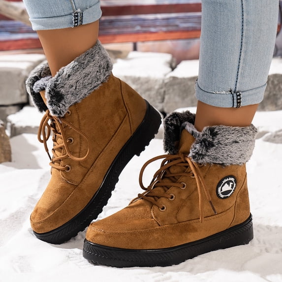 Fnooota Womens Cozy Boots, Non Slip Outdoor Lace up Warm Fur Lined Boots Winter Snow Khaki Size 10
