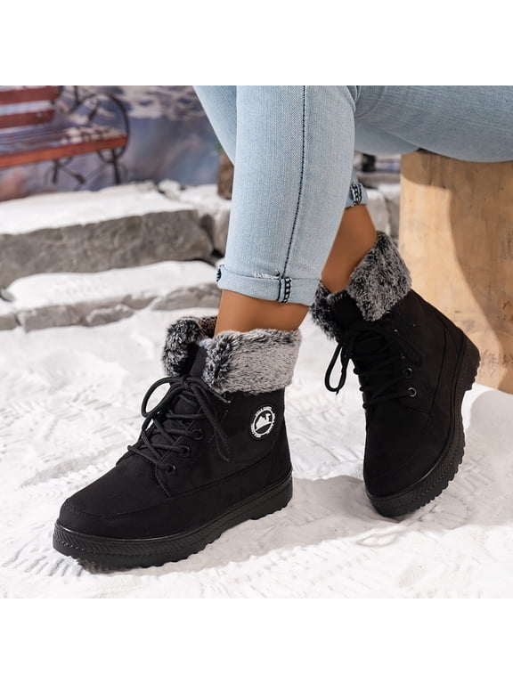 Womens Cozy Boots, Warm Lace up Non Slip Outdoor Fur Lined Boots Winter Snow Black Size 9