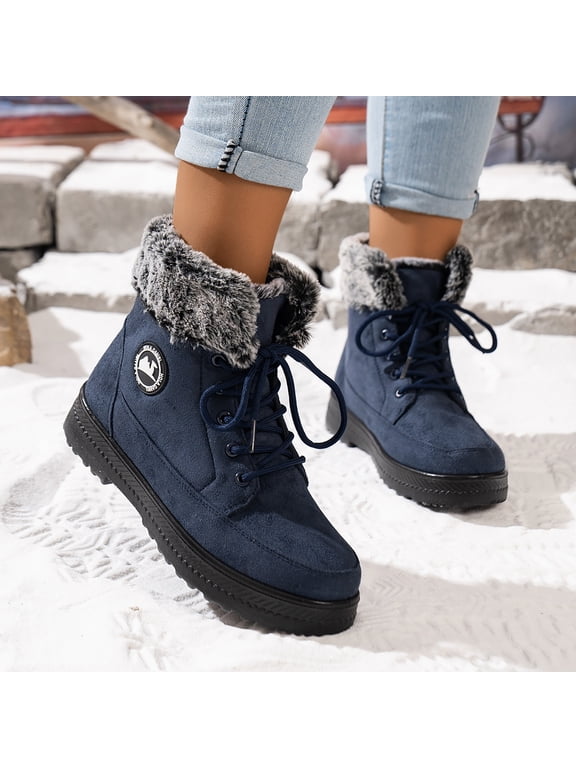 Womens Cozy Boots, Warm Lace up Non Slip Outdoor Fur Lined Boots Winter Snow Navy Size 9