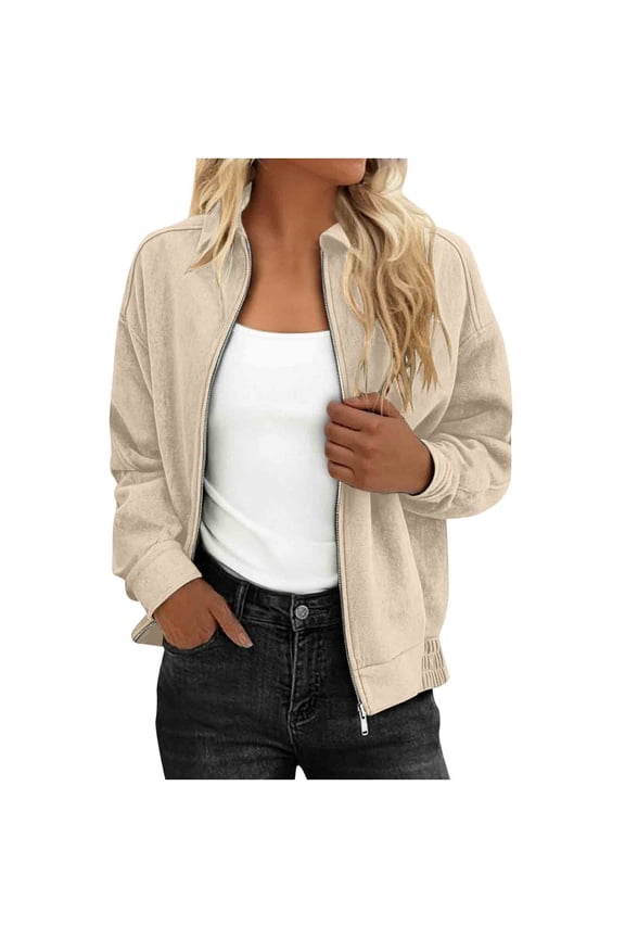 Womens Cropped Shackets, Lightweight Casual Lapel Collar Zip up Shacket Jackets Beige Size 2XL