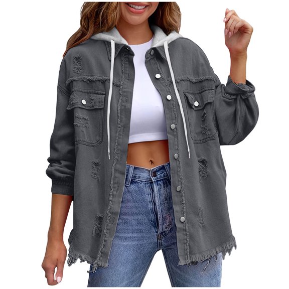 Fnooota Womens Denim Jackets, Casual Loose Fit Ripped Long Sleeve Womens Shackets Dark Gray Size M