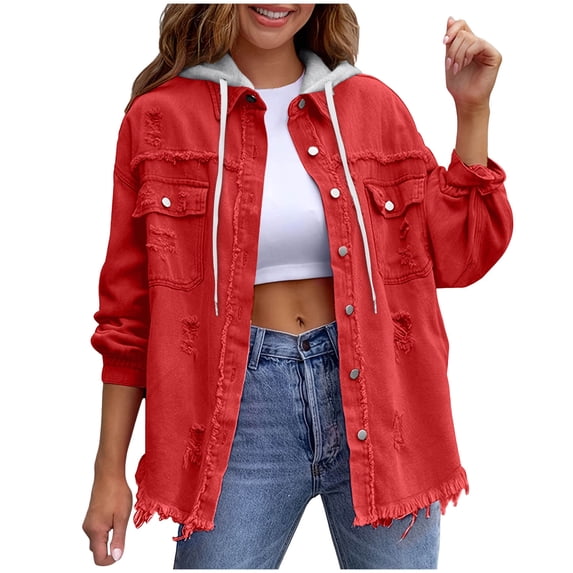Fnooota Womens Denim Jackets, Long Sleeve Loose Fit Casual Ripped Womens Shackets Red Size L