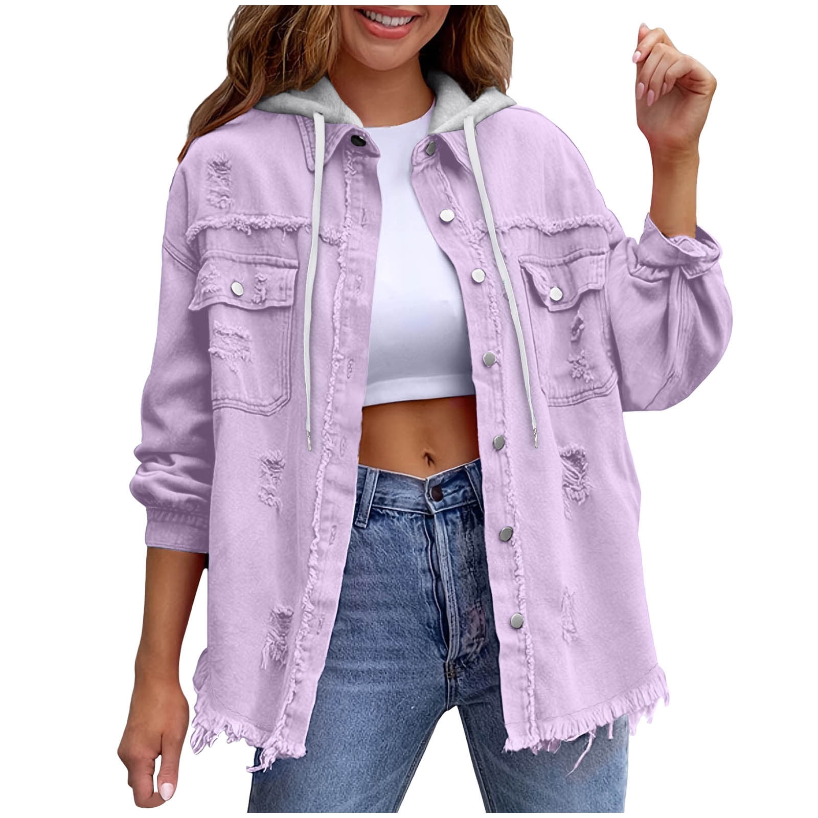 Fnooota Womens Denim Jackets, Long Sleeve Loose Fit Ripped Casual ...