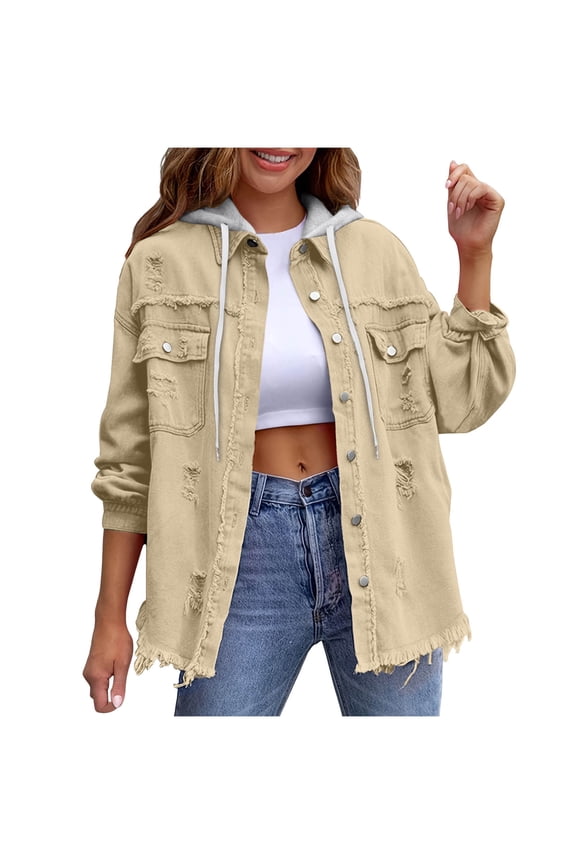 Womens Denim Jackets, Loose Fit Long Sleeve Ripped Casual Womens Shackets Khaki Size S-2XL