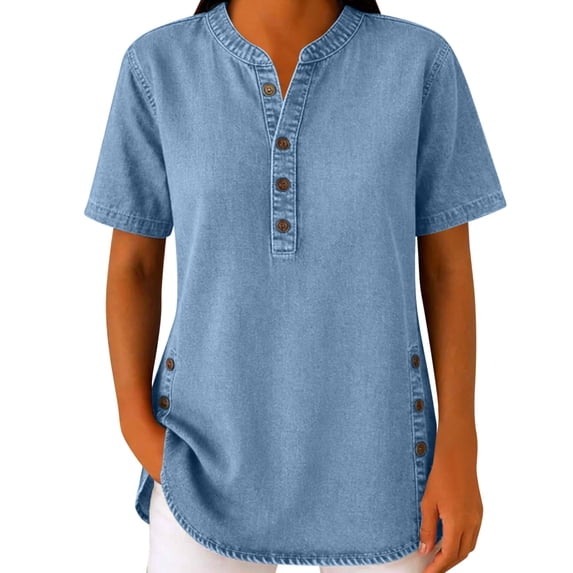 Fnooota Womens Denim Shirts, Casual Summer Short Sleeve V Neck Jean Tops for Women Light Blue Size M