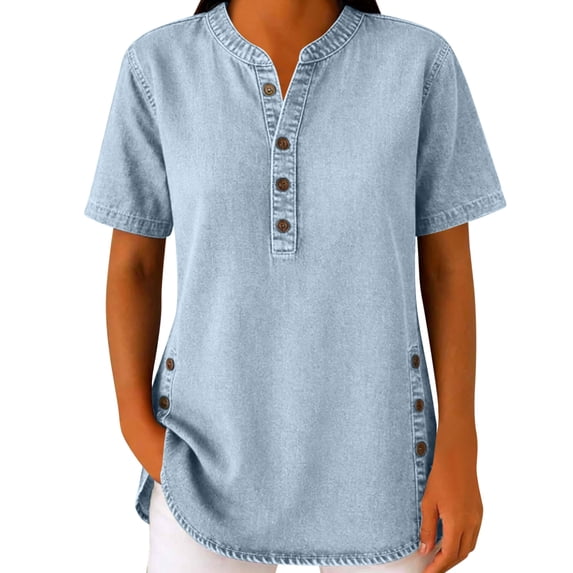 Fnooota Womens Denim Shirts, V Neck Casual Summer Short Sleeve Jean Tops for Women Silver Size M