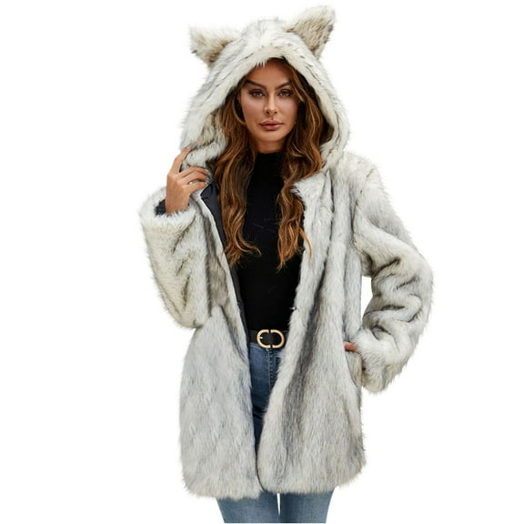 Fnooota Womens Faux Fur Jacket, Warm Mid-Length Hooded Open Front Winter Outerwear White Size 3XL