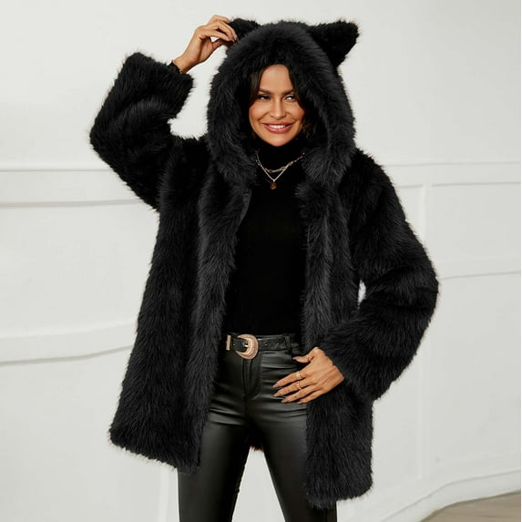 Fnooota Womens Faux Fur Jacket, Warm Mid-Length Open Front Hooded Winter Outerwear Black Size S