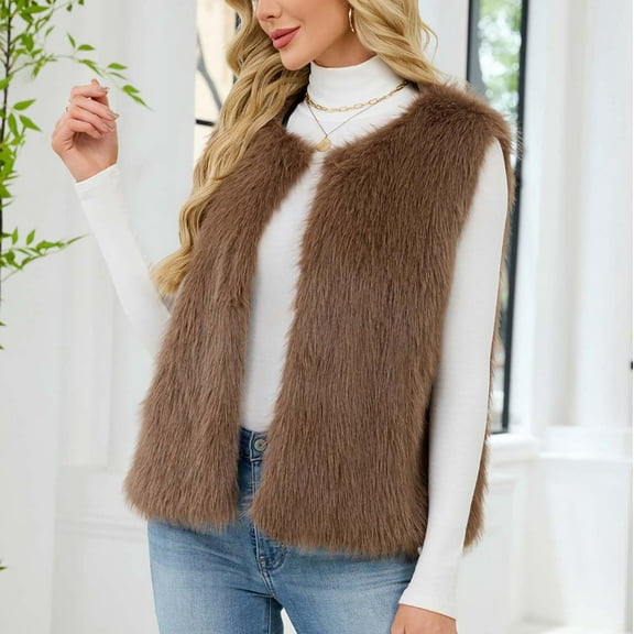 Fnooota Womens Faux Fur Vests, Crew Neck Warm Open Front Sleeveless Winter Outerwear Brown Size S-3XL