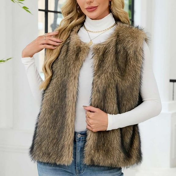 Fnooota Womens Faux Fur Vests, Open Front Sleeveless Crew Neck Warm Winter Outerwear Khaki Size S