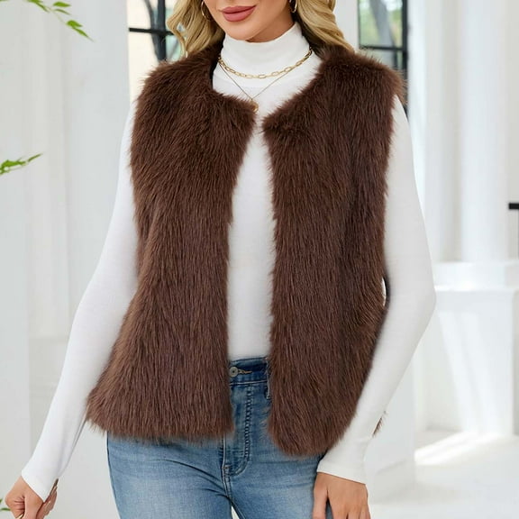 Fnooota Womens Faux Fur Vests, Open Front Sleeveless Warm Crew Neck Winter Outerwear Coffee Size 3XL