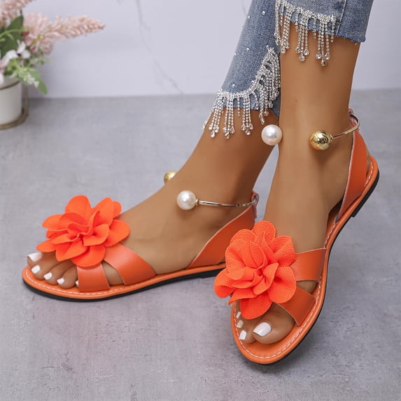 Fnooota Womens Flat Sandals, Party Non-slip Open Toe Ankle Strap Comfort Sandals Orange Size 9
