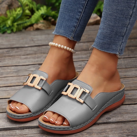 Fnooota Womens Flat Sandals, Slip On Platform Beach Open Toe Summer Shoes Sandals Gray Size 9