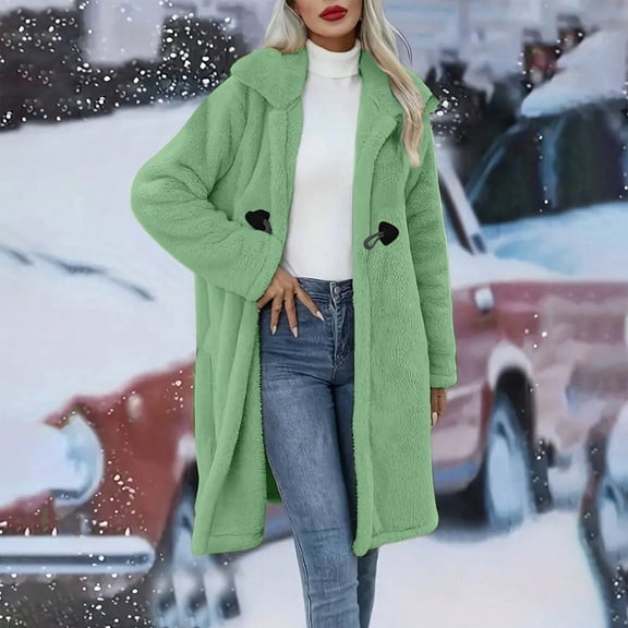 Fnooota Womens Fleece Jacket, Solid Color Warm Lapel Mid-Length Winter Outerwear Mint Green Size S