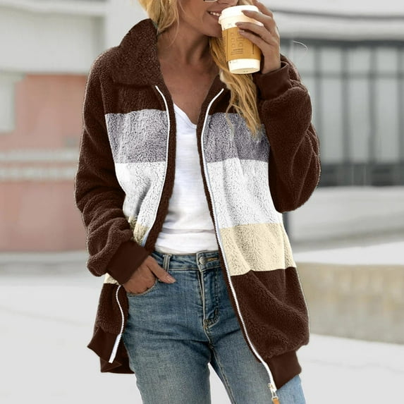 Fnooota Womens Fleece Jacket, Thermal Zip up Lightweight Warm Fall Winter Outerwear Coffee Size M