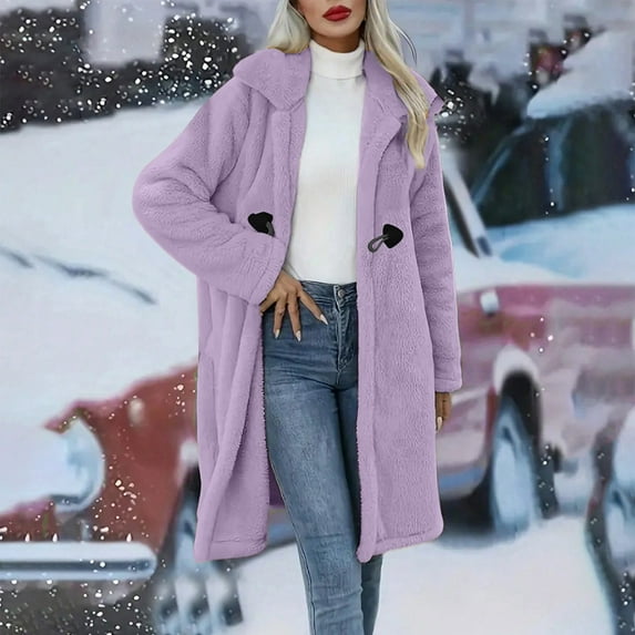 Fnooota Womens Fleece Jacket, Warm Lapel Solid Color Mid-Length Winter Outerwear Purple Size XL