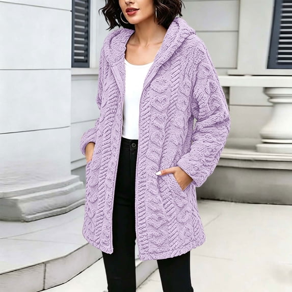 Fnooota Womens Fleece Jackets, Long Sleeve Lightweight Warm Mid-length Winter Outerwear with Pockets Purple Size S