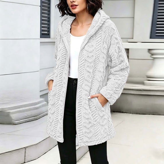 Fnooota Womens Fleece Jackets, Long Sleeve Mid-length Warm Lightweight Winter Outerwear with Pockets White Size M